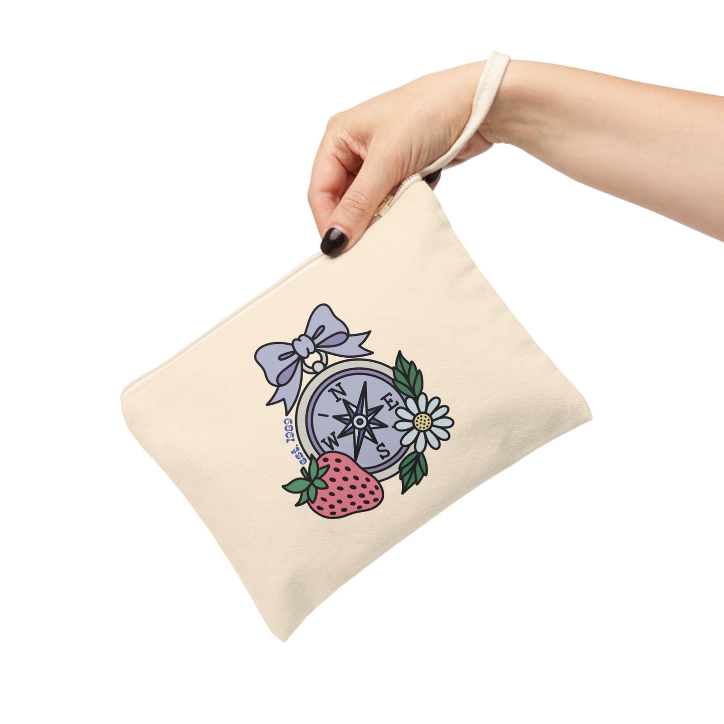 Folklore Fields Zipper Pouch – Whimsical Compass & Strawberry Design, Cotton Canvas Travel Organizer