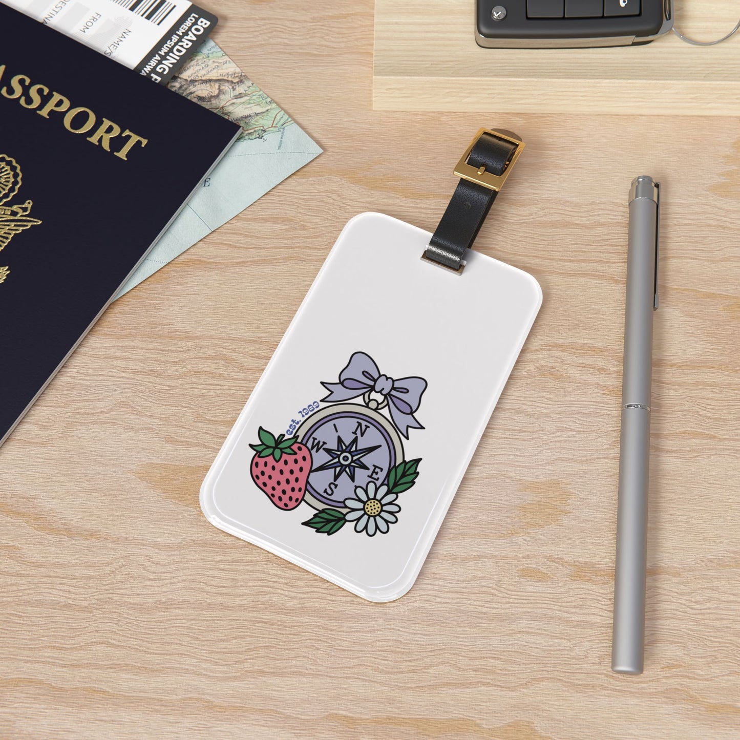 Folklore Fields Luggage Tag – Compass & Floral Design, Durable Acrylic Travel Accessory