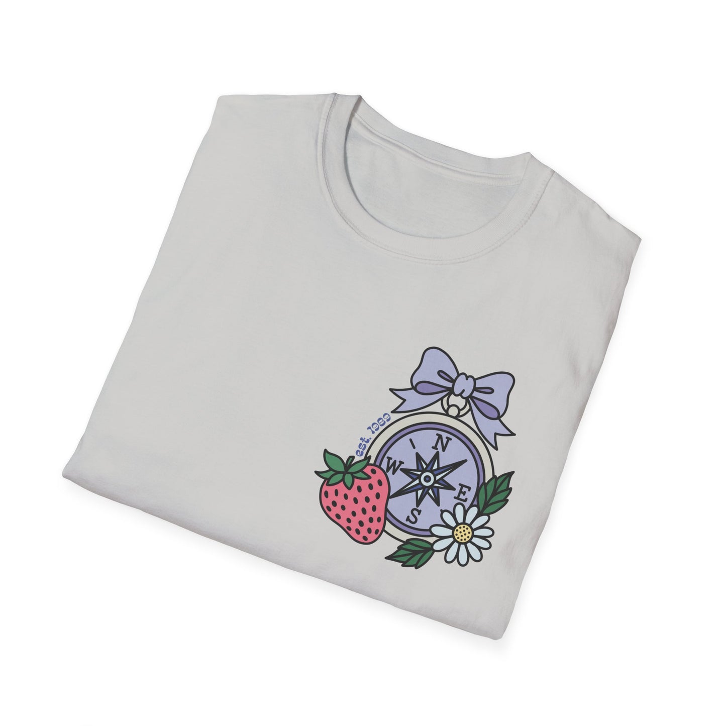 Folklore Fields T-Shirt – Soft Cotton Tee with Strawberry, Butterfly & Compass Design