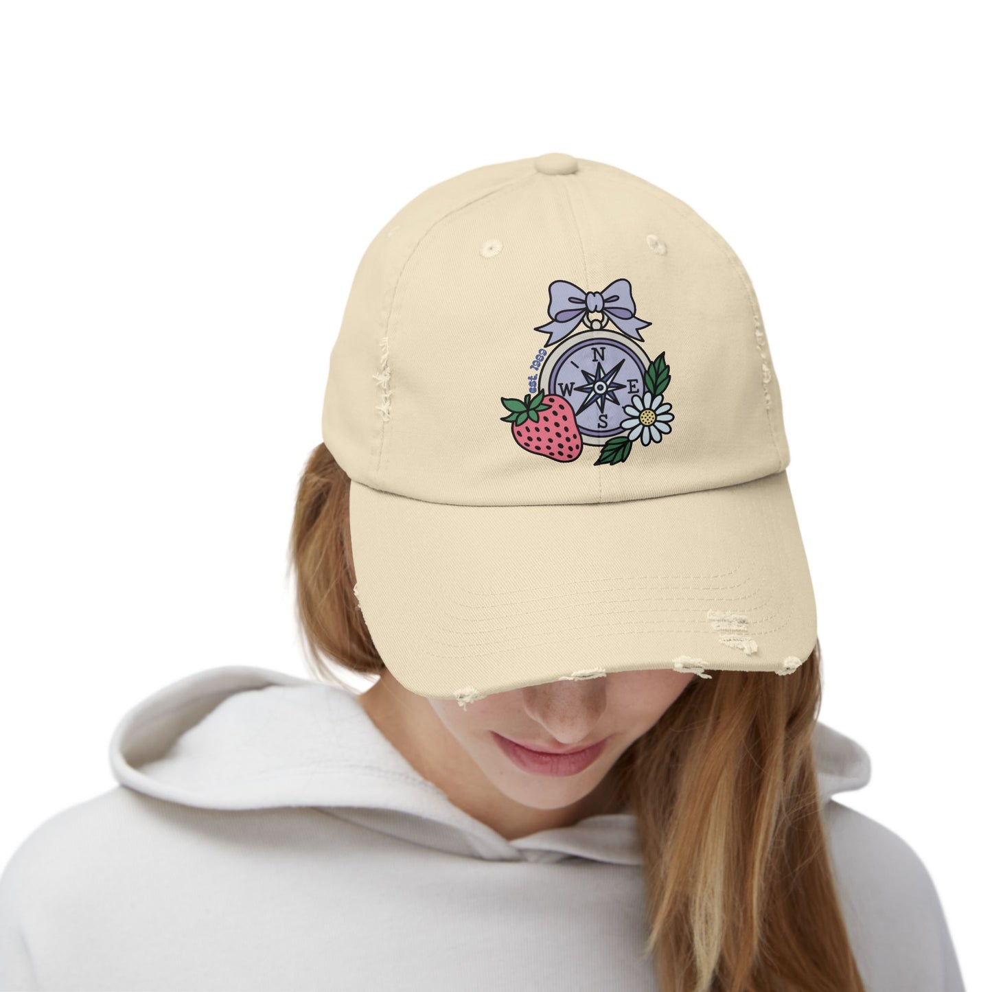 Folklore Fields Distressed Cap – Vintage Compass & Strawberry Design, Unisex Boho Dad Hat