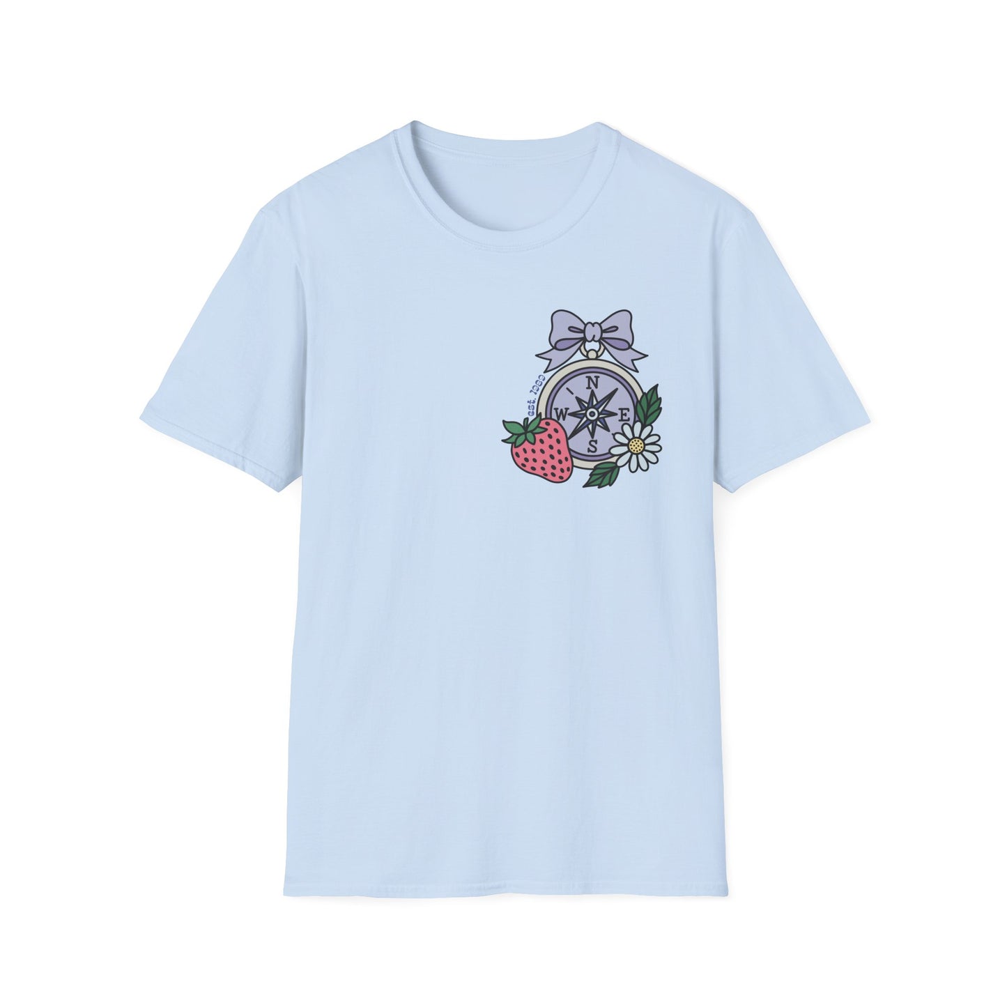 Folklore Fields T-Shirt – Soft Cotton Tee with Strawberry, Butterfly & Compass Design