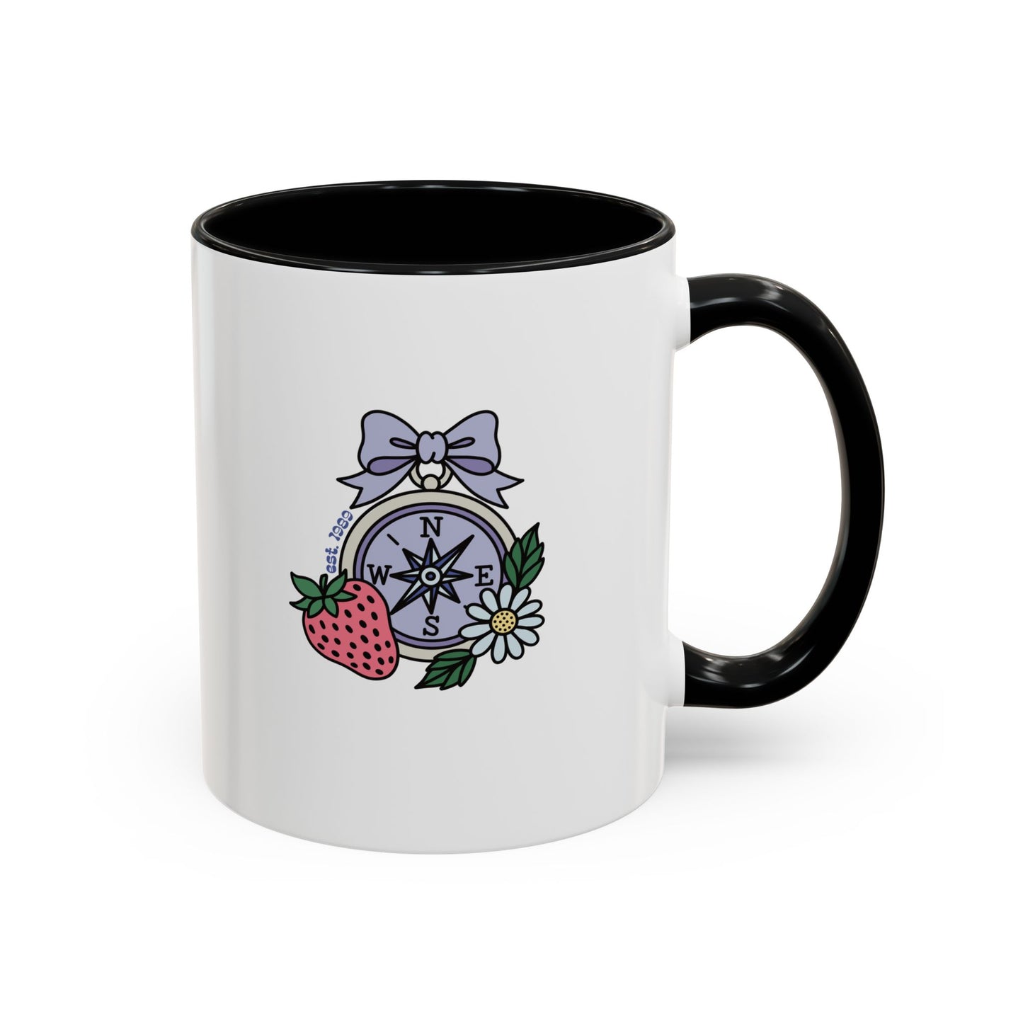 Folklore Fields Mug – Botanical Strawberry & Compass Design, Color Accent Ceramic Drinkware