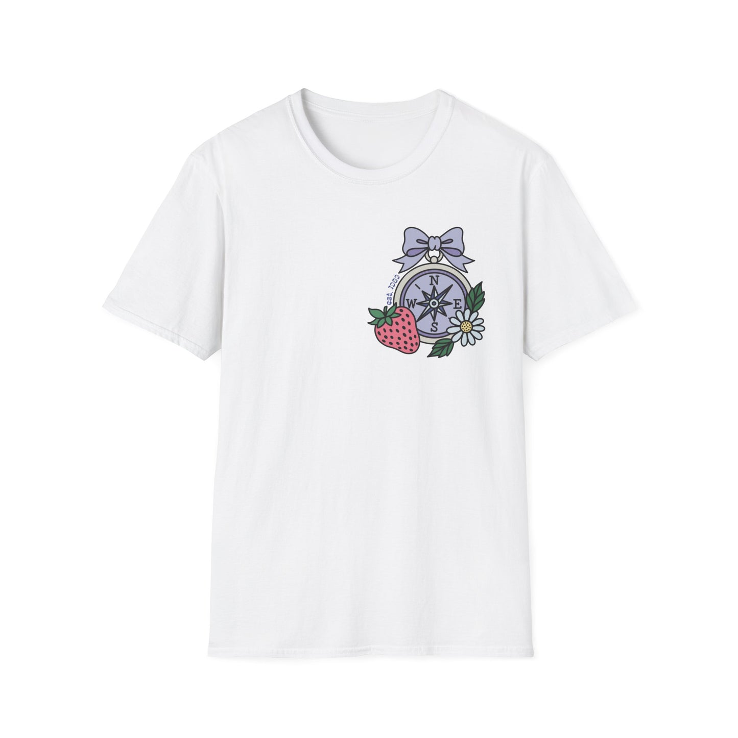Folklore Fields T-Shirt – Soft Cotton Tee with Strawberry, Butterfly & Compass Design