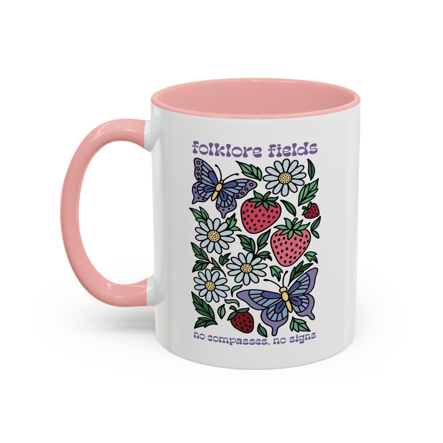 Folklore Fields Mug – Botanical Strawberry & Compass Design, Color Accent Ceramic Drinkware