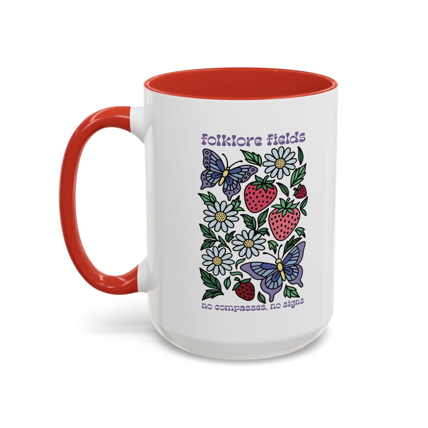 Folklore Fields Mug – Botanical Strawberry & Compass Design, Color Accent Ceramic Drinkware