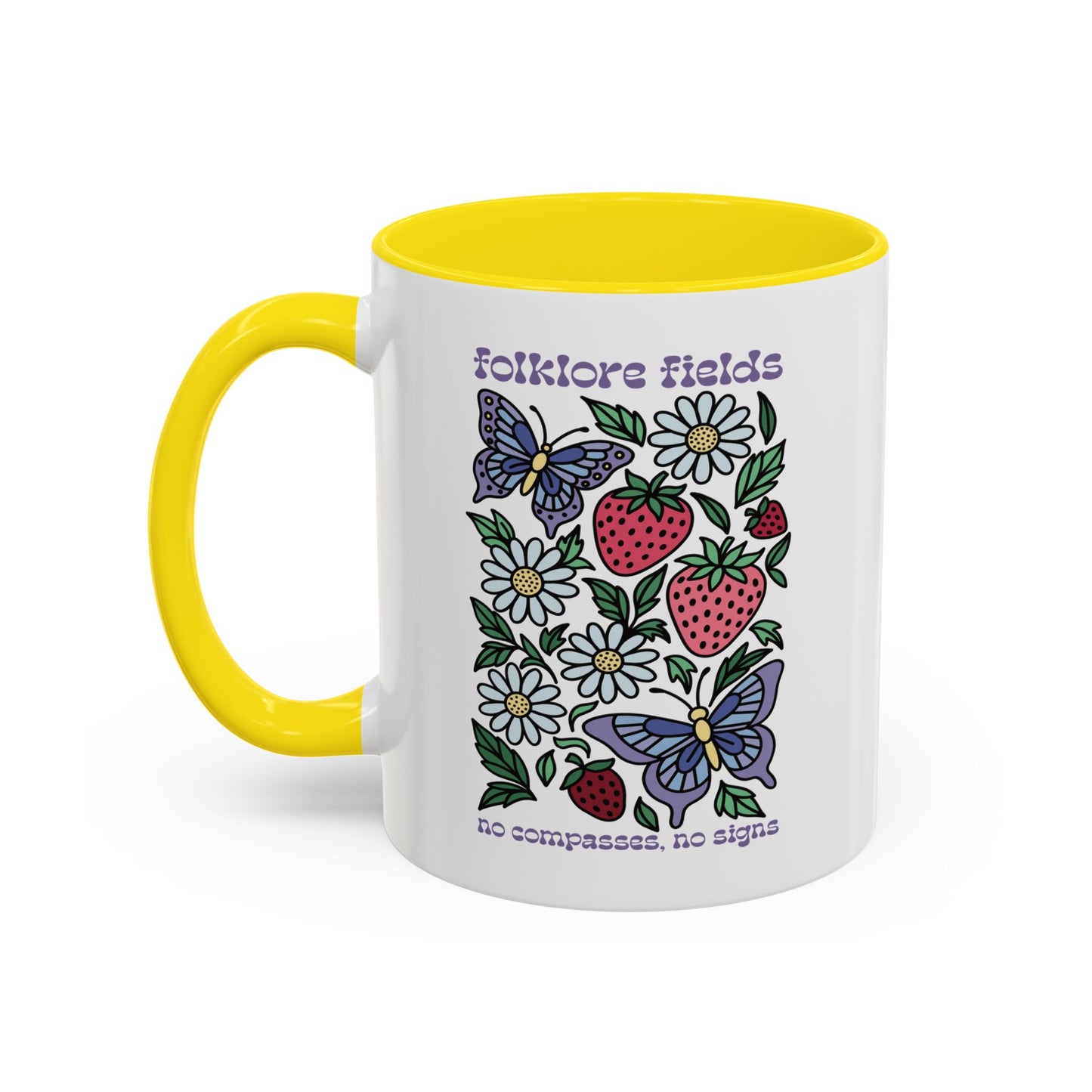 Folklore Fields Mug – Botanical Strawberry & Compass Design, Color Accent Ceramic Drinkware