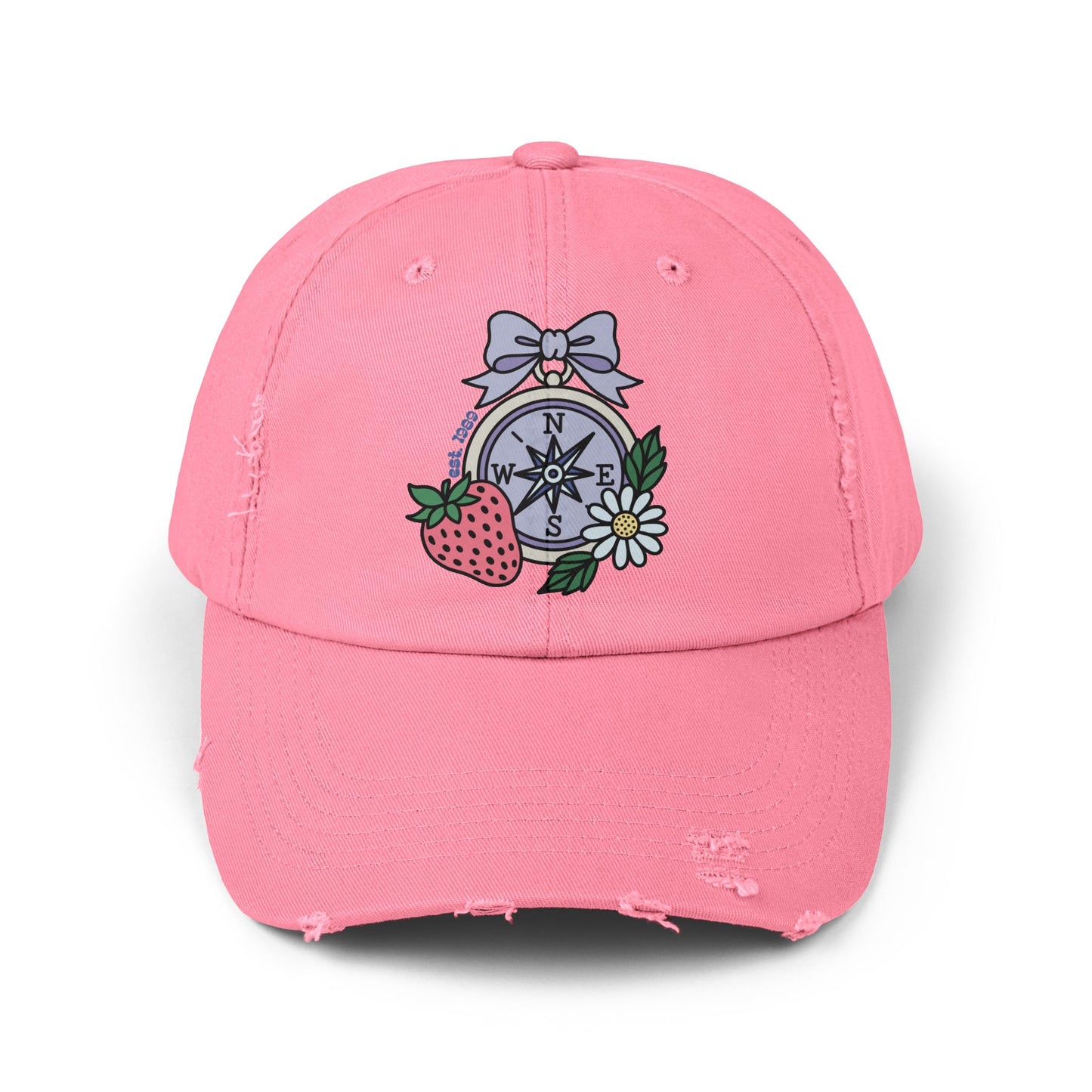 Folklore Fields Distressed Cap – Vintage Compass & Strawberry Design, Unisex Boho Dad Hat