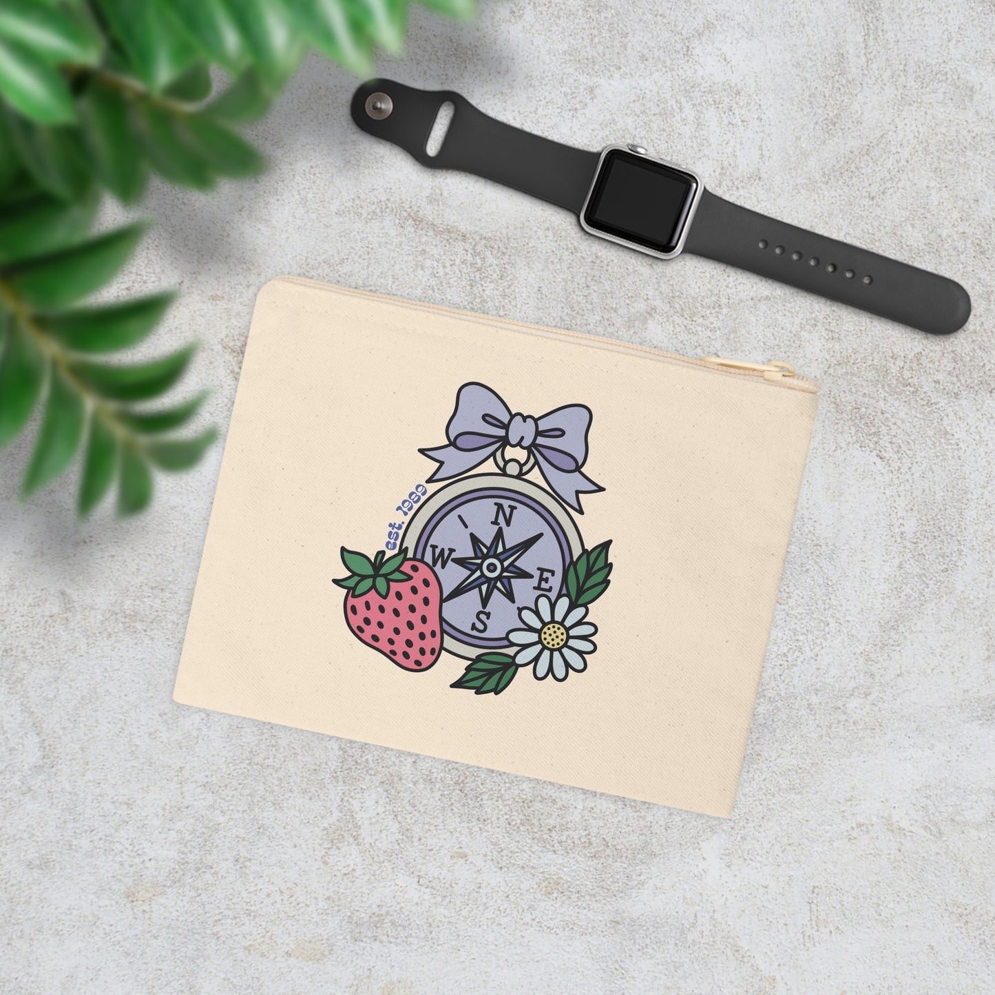 Folklore Fields Zipper Pouch – Whimsical Compass & Strawberry Design, Cotton Canvas Travel Organizer
