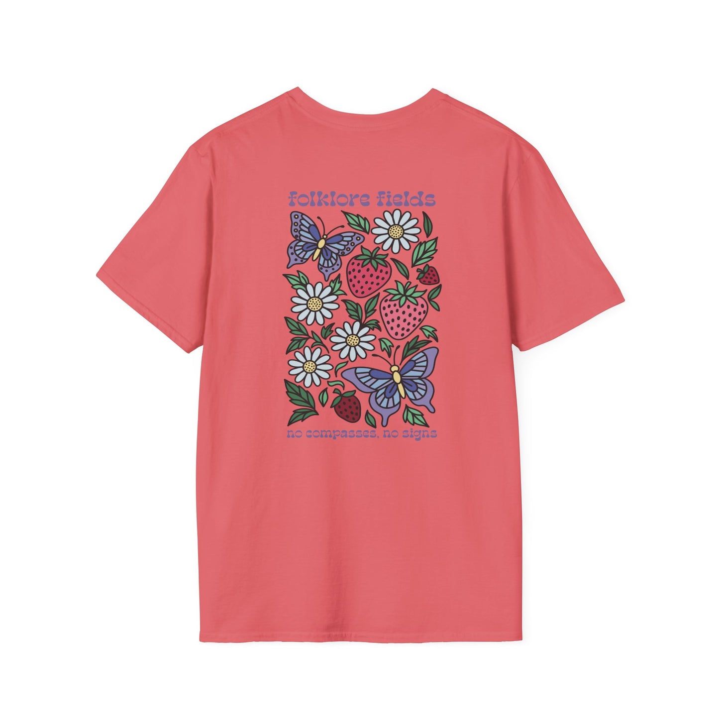 Folklore Fields T-Shirt – Soft Cotton Tee with Strawberry, Butterfly & Compass Design