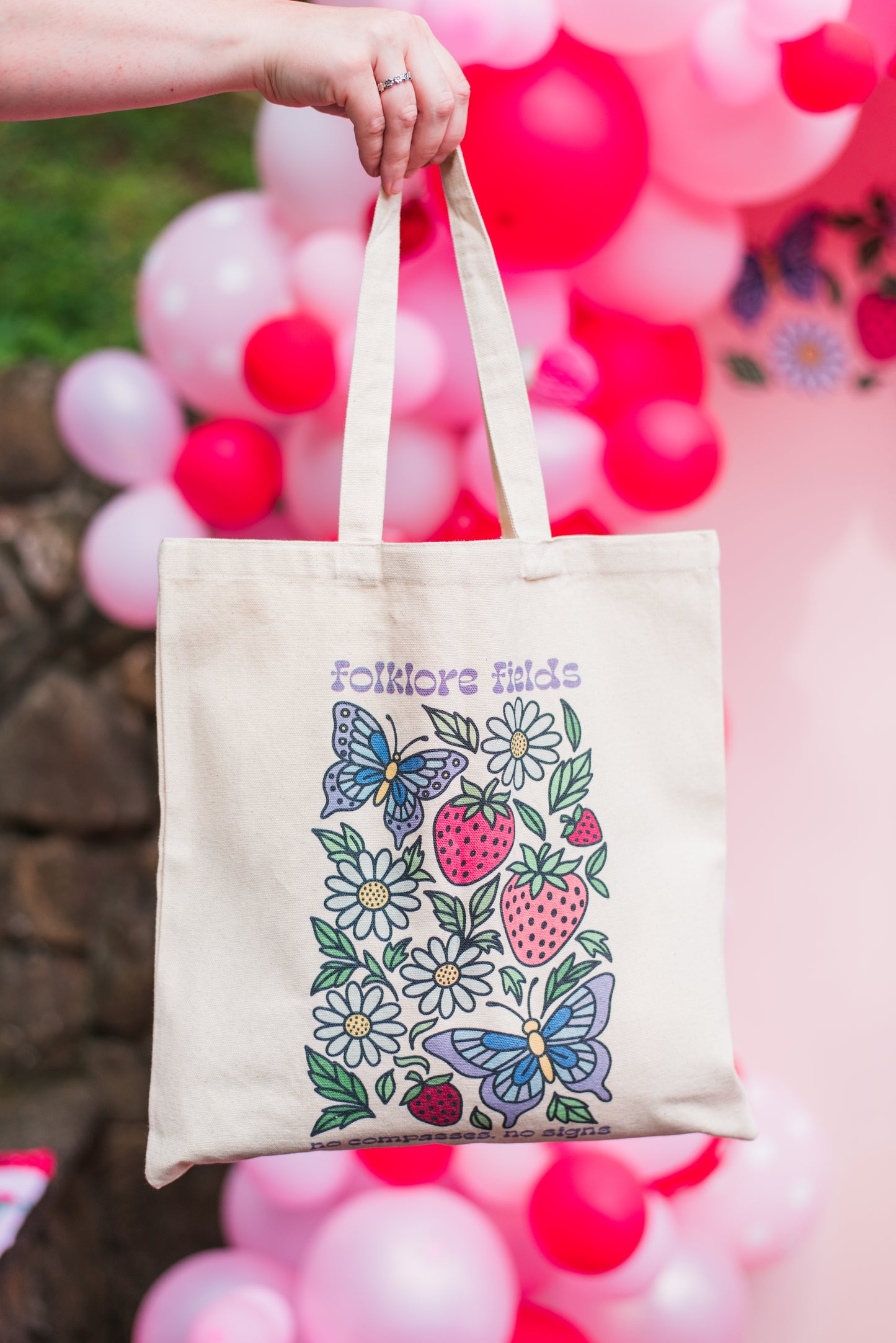 Folklore Fields Tote Bag – Eco-Friendly Canvas Bag with Butterfly and Strawberry Design