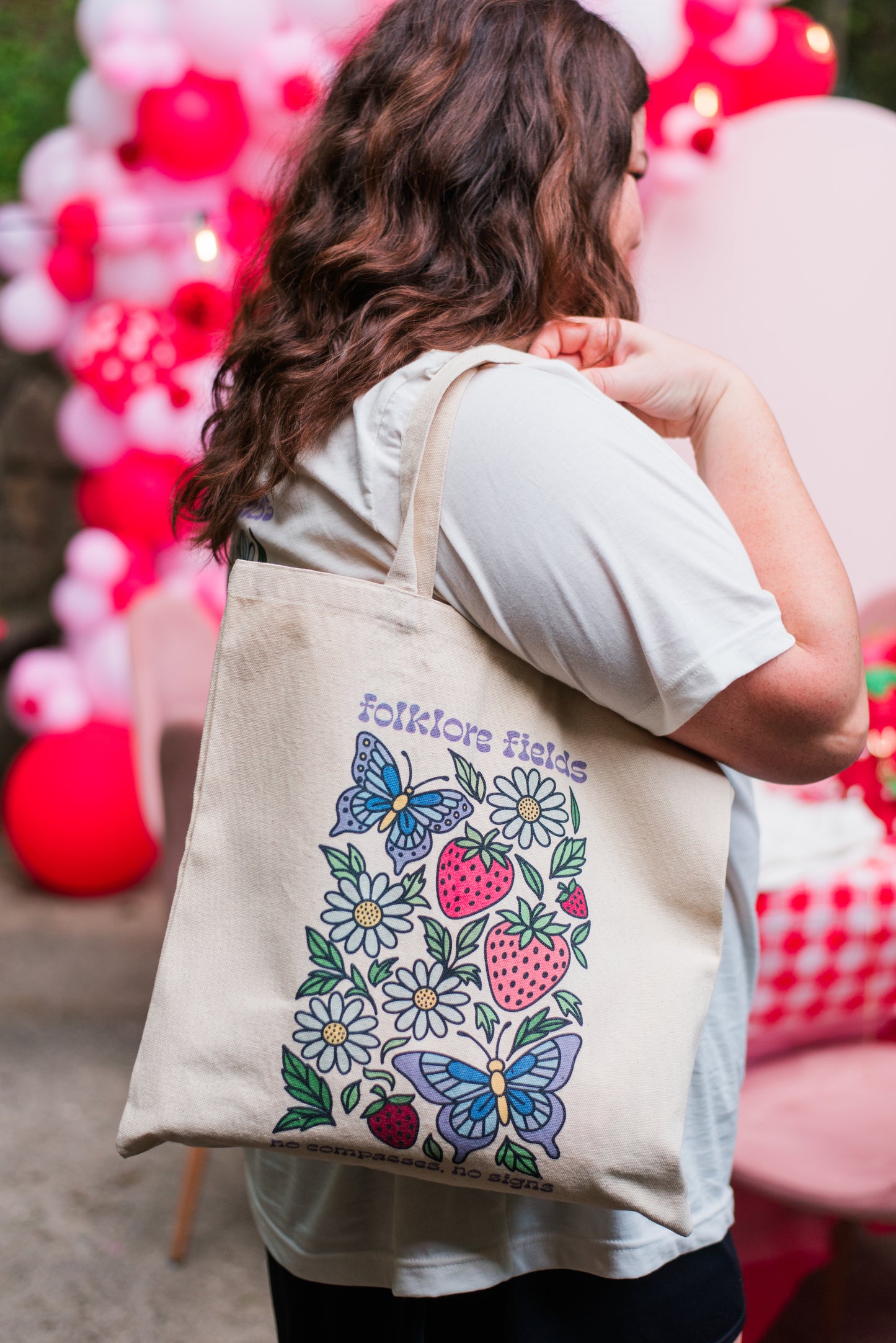 Folklore Fields Tote Bag – Eco-Friendly Canvas Bag with Butterfly and Strawberry Design