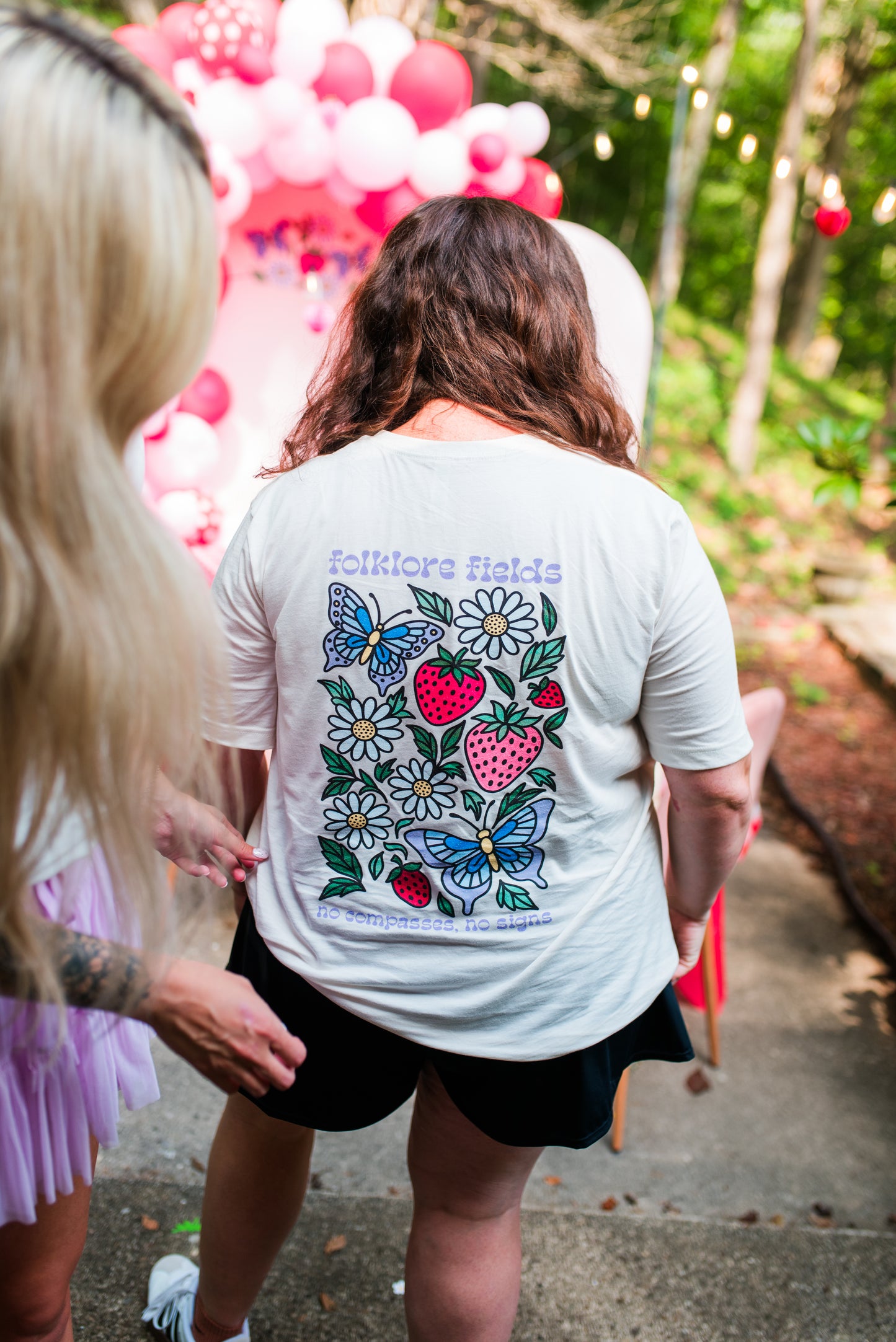 Folklore Fields T-Shirt – Soft Cotton Tee with Strawberry, Butterfly & Compass Design