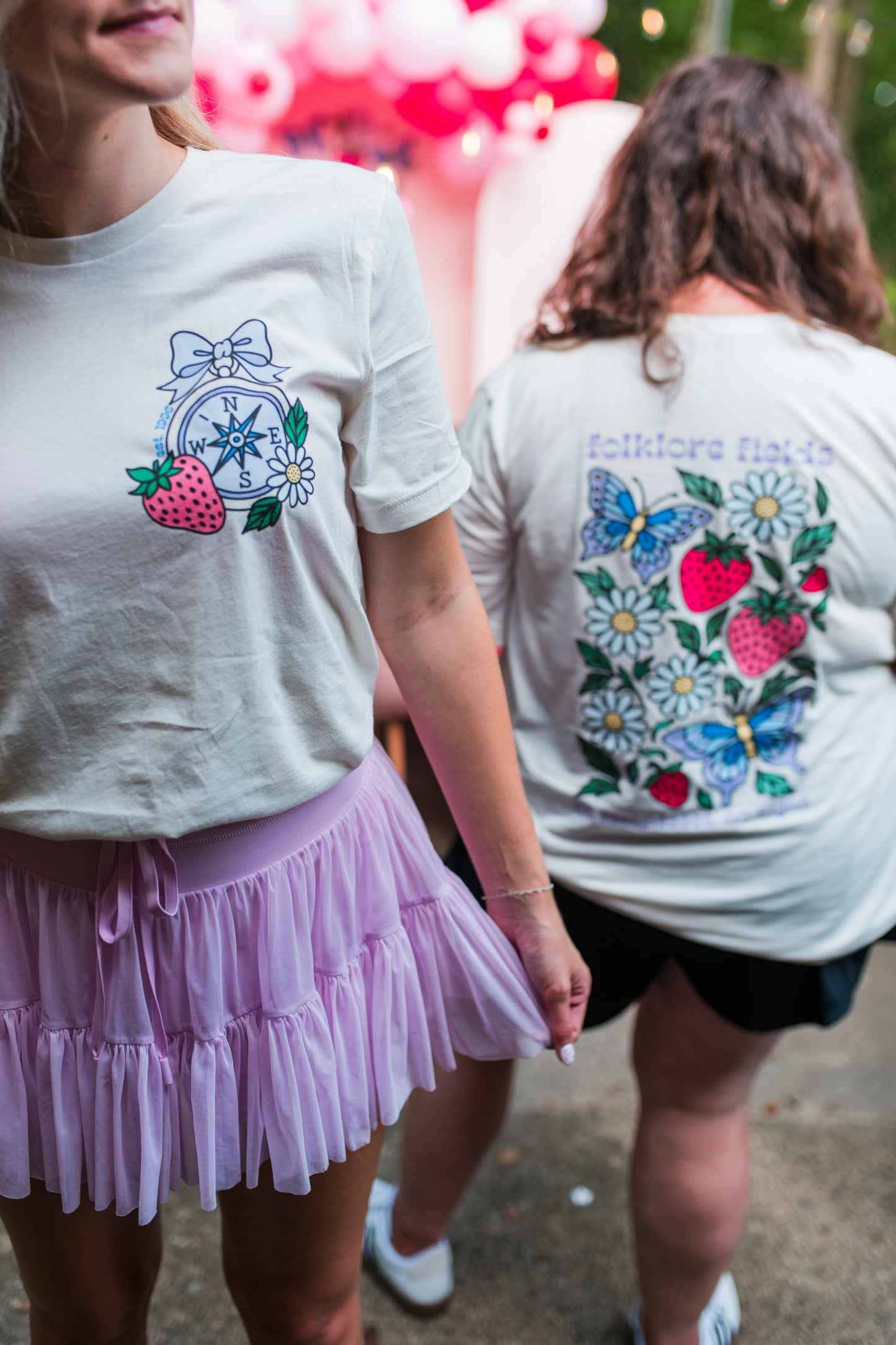 Folklore Fields T-Shirt – Soft Cotton Tee with Strawberry, Butterfly & Compass Design