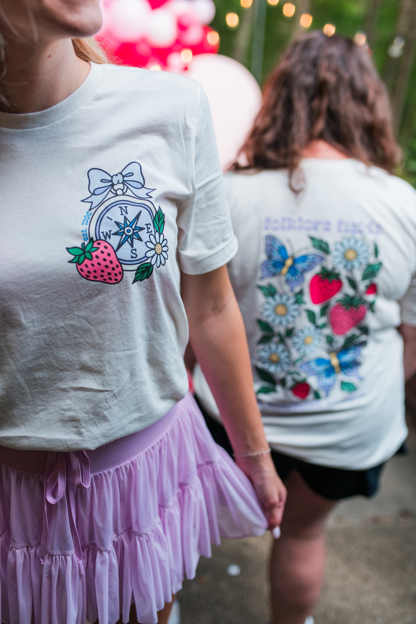 Folklore Fields T-Shirt – Soft Cotton Tee with Strawberry, Butterfly & Compass Design