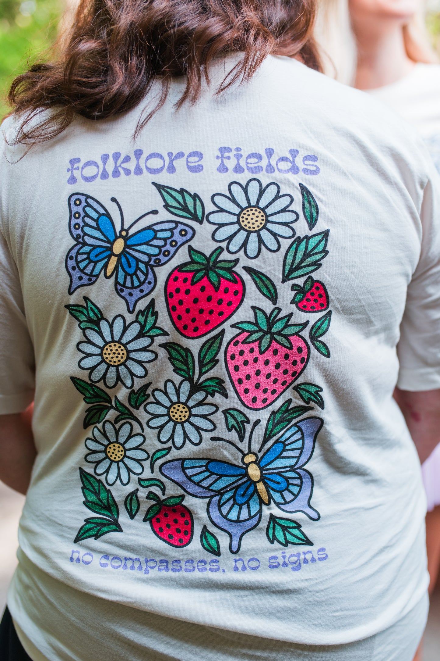Folklore Fields T-Shirt – Soft Cotton Tee with Strawberry, Butterfly & Compass Design