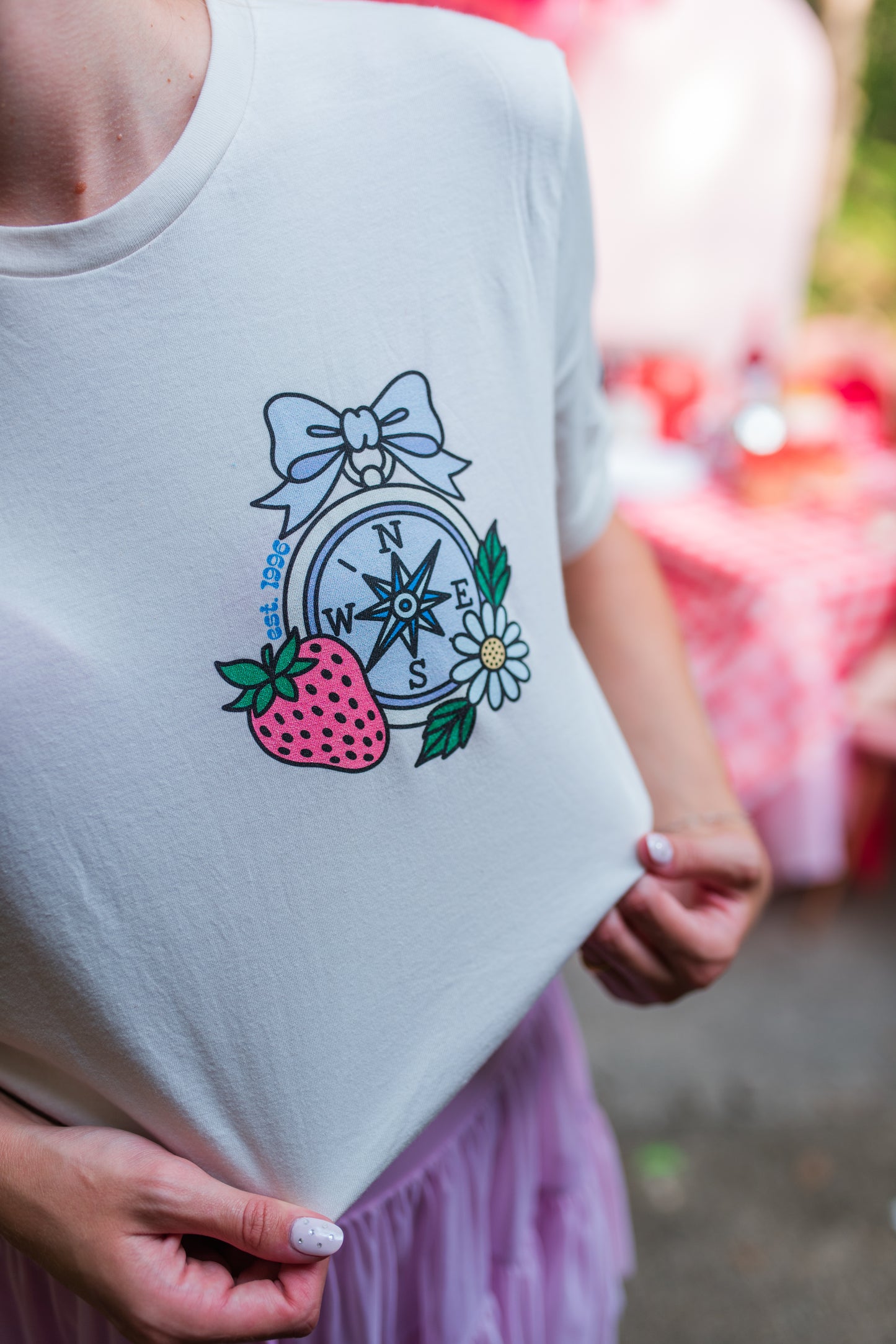 Folklore Fields T-Shirt – Soft Cotton Tee with Strawberry, Butterfly & Compass Design