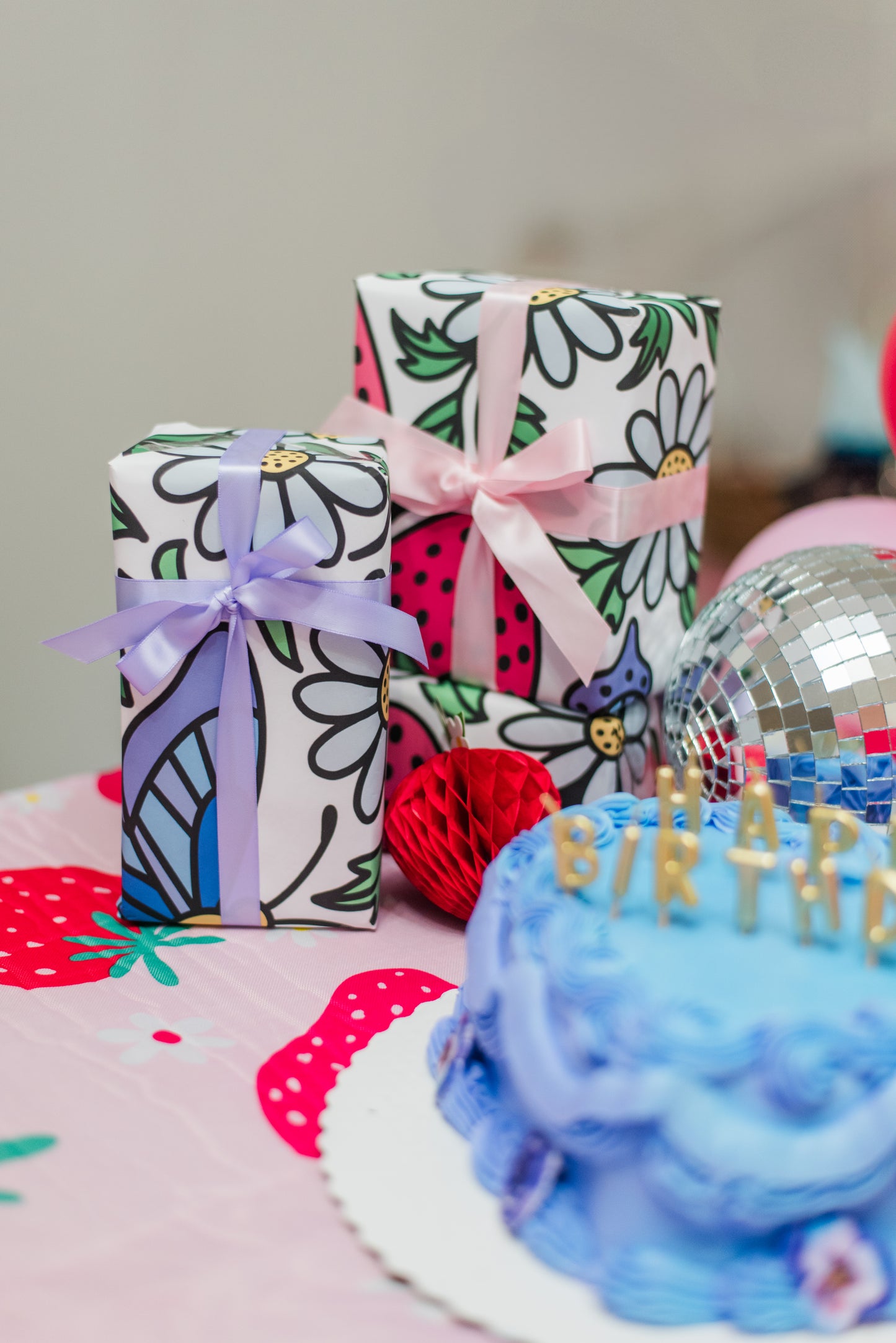 Folklore Fields Wrapping Paper – Strawberry & Daisy Gift Wrap for Birthdays, Holidays, and Celebrations