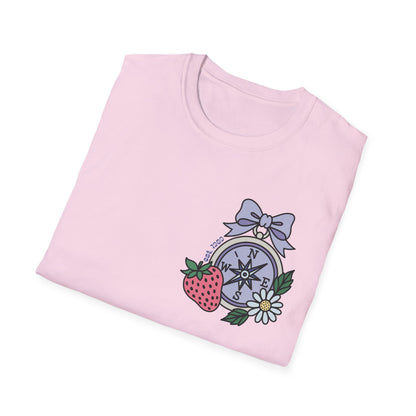 Folklore Fields T-Shirt – Soft Cotton Tee with Strawberry, Butterfly & Compass Design