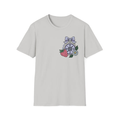 Folklore Fields T-Shirt – Soft Cotton Tee with Strawberry, Butterfly & Compass Design