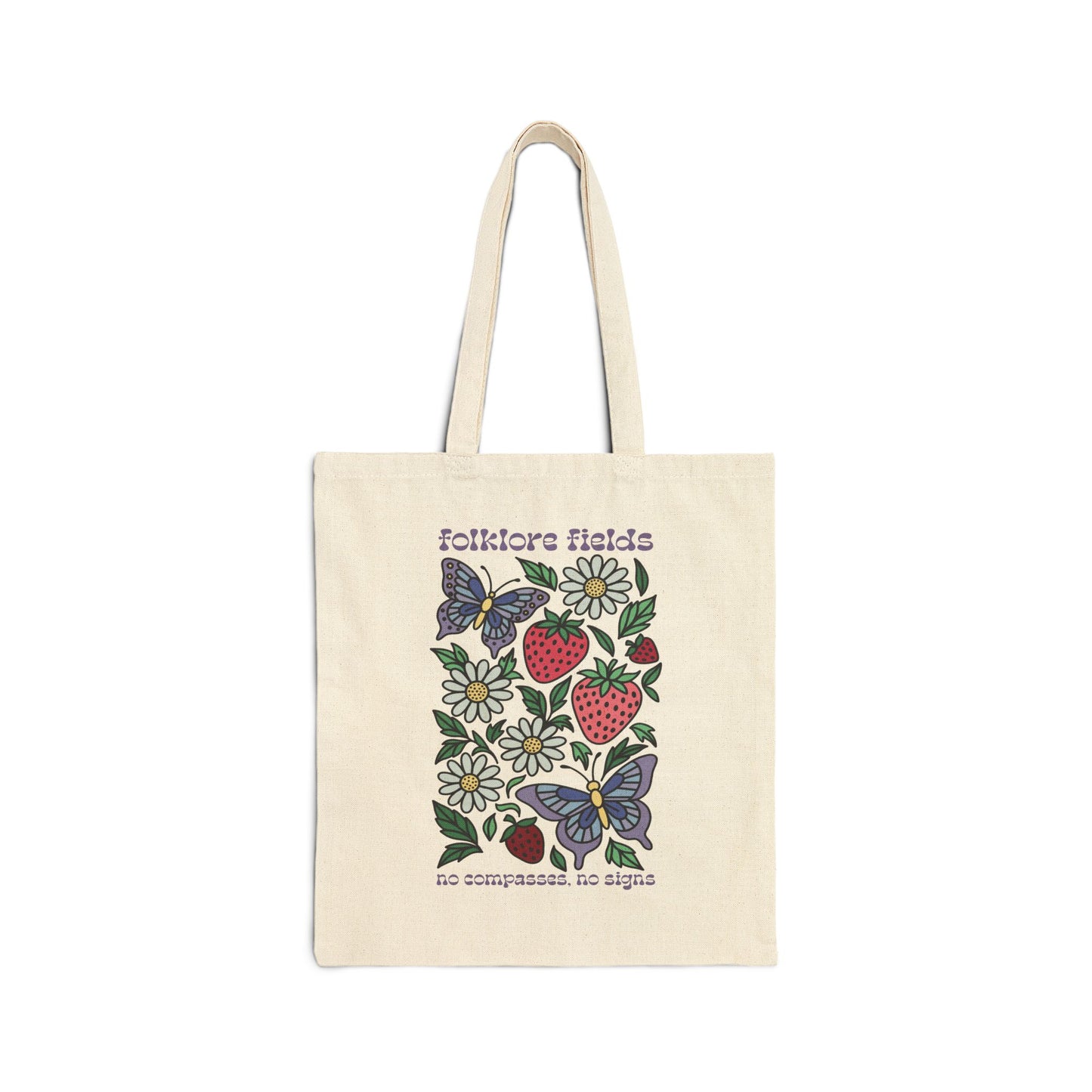 Folklore Fields Tote Bag – Eco-Friendly Canvas Bag with Butterfly and Strawberry Design