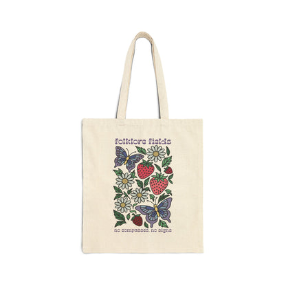 Folklore Fields Tote Bag – Eco-Friendly Canvas Bag with Butterfly and Strawberry Design