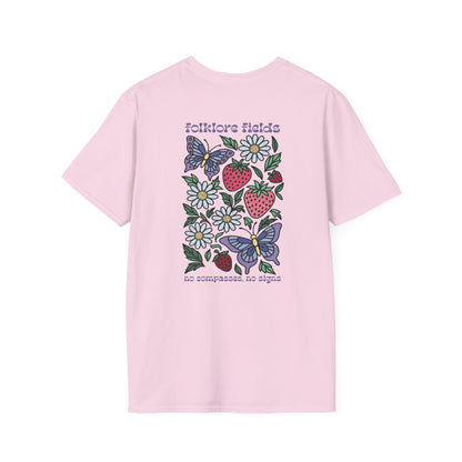 Folklore Fields T-Shirt – Soft Cotton Tee with Strawberry, Butterfly & Compass Design
