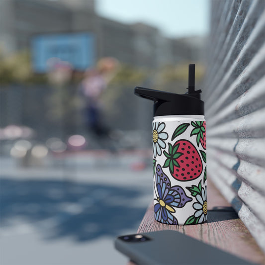 Folklore Fields Stainless Steel Water Bottle – Strawberry & Daisy Floral Design, Insulated & Eco-Friendly