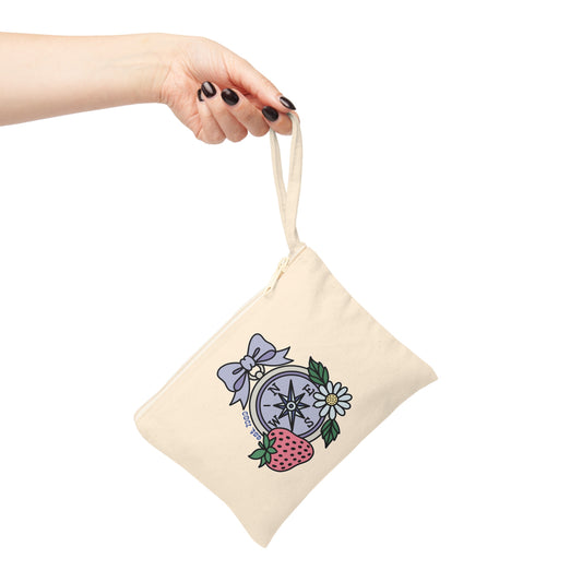 Folklore Fields Zipper Pouch – Whimsical Compass & Strawberry Design, Cotton Canvas Travel Organizer
