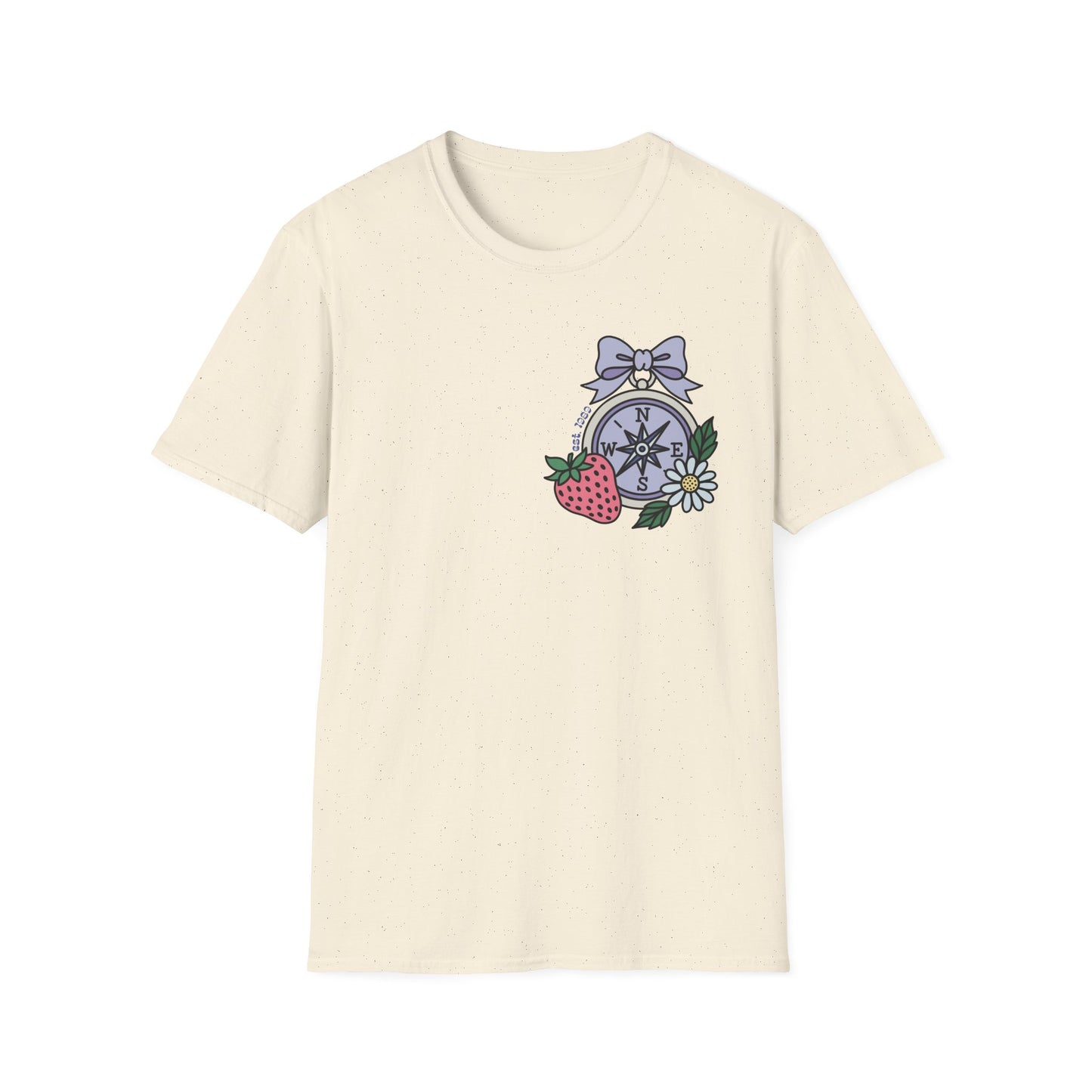 Folklore Fields T-Shirt – Soft Cotton Tee with Strawberry, Butterfly & Compass Design