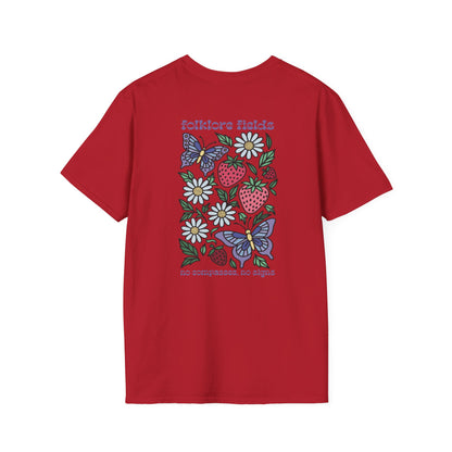 Folklore Fields T-Shirt – Soft Cotton Tee with Strawberry, Butterfly & Compass Design