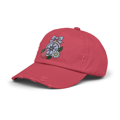 Folklore Fields Distressed Cap – Vintage Compass & Strawberry Design, Unisex Boho Dad Hat