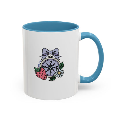 Folklore Fields Mug – Botanical Strawberry & Compass Design, Color Accent Ceramic Drinkware