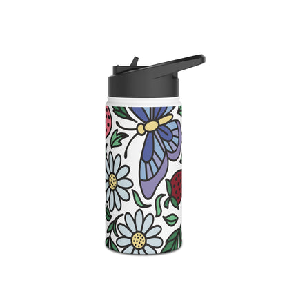 Folklore Fields Stainless Steel Water Bottle – Strawberry & Daisy Floral Design, Insulated & Eco-Friendly