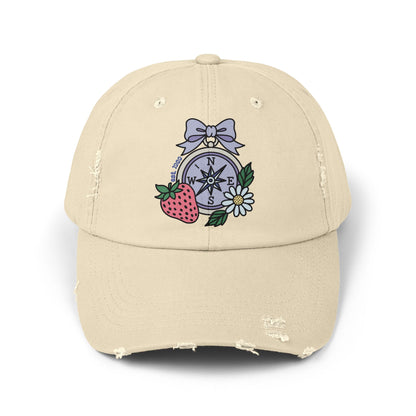 Folklore Fields Distressed Cap – Vintage Compass & Strawberry Design, Unisex Boho Dad Hat