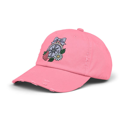 Folklore Fields Distressed Cap – Vintage Compass & Strawberry Design, Unisex Boho Dad Hat