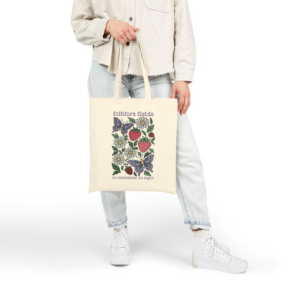 Folklore Fields Tote Bag – Eco-Friendly Canvas Bag with Butterfly and Strawberry Design