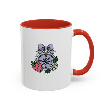 Folklore Fields Mug – Botanical Strawberry & Compass Design, Color Accent Ceramic Drinkware