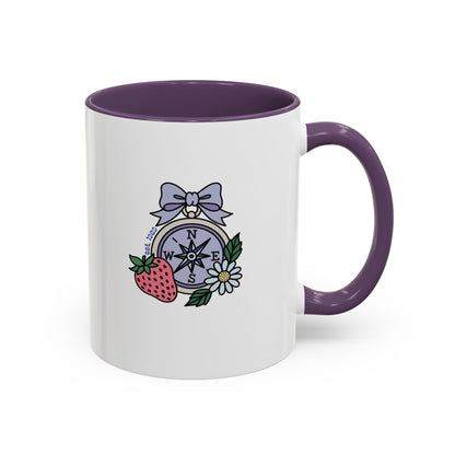 Folklore Fields Mug – Botanical Strawberry & Compass Design, Color Accent Ceramic Drinkware