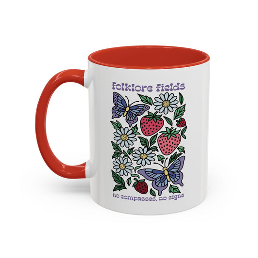 Folklore Fields Mug – Botanical Strawberry & Compass Design, Color Accent Ceramic Drinkware