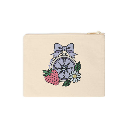 Folklore Fields Zipper Pouch – Whimsical Compass & Strawberry Design, Cotton Canvas Travel Organizer