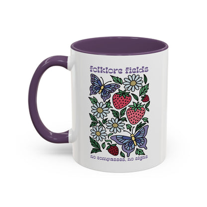Folklore Fields Mug – Botanical Strawberry & Compass Design, Color Accent Ceramic Drinkware