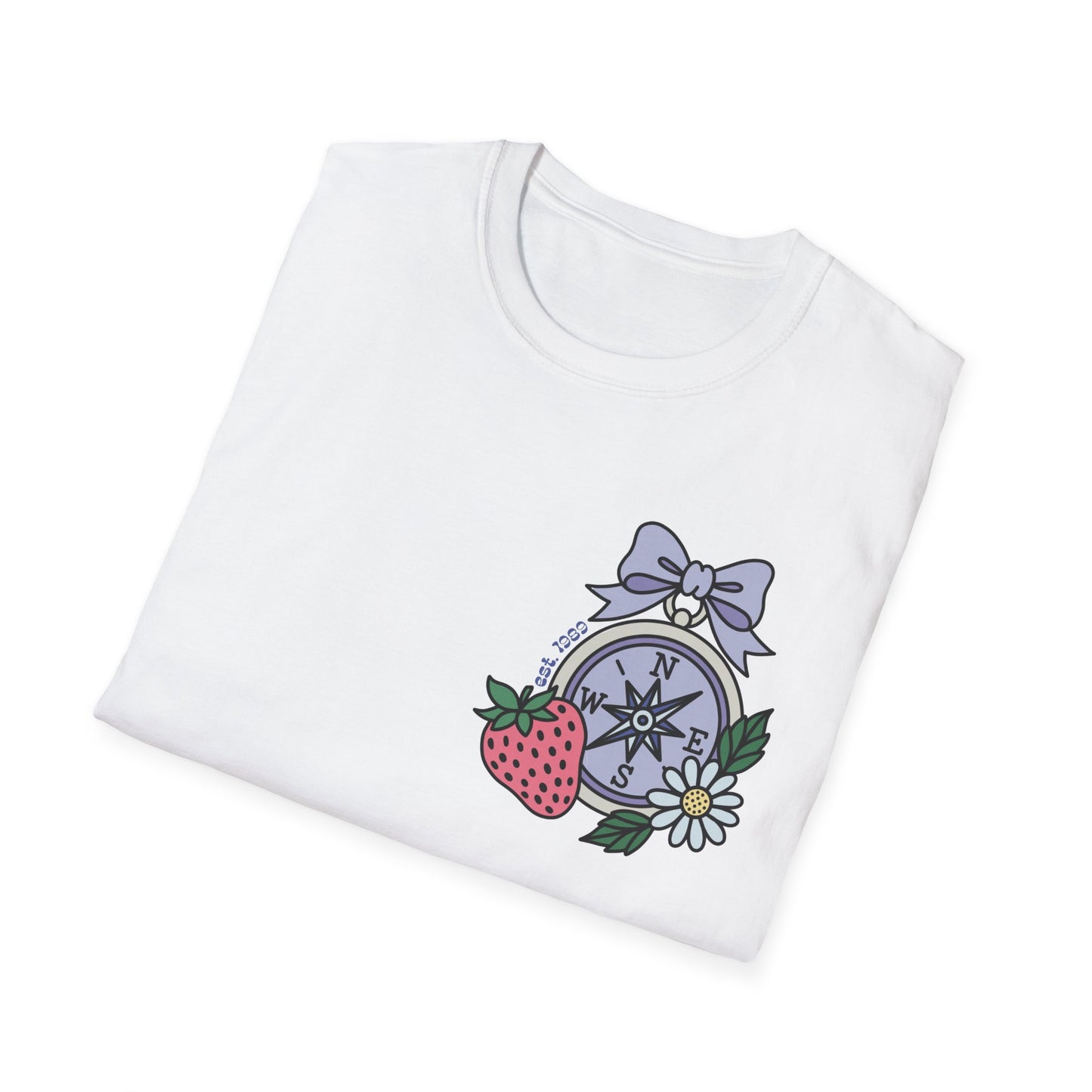 Folklore Fields T-Shirt – Soft Cotton Tee with Strawberry, Butterfly & Compass Design