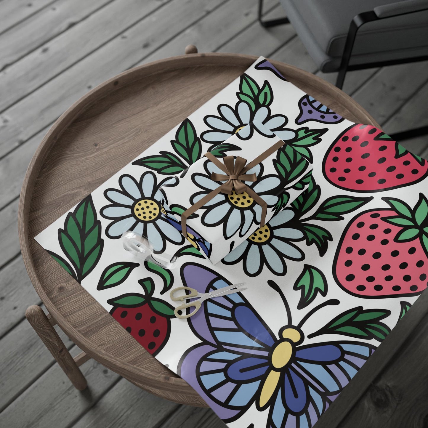 Folklore Fields Wrapping Paper – Strawberry & Daisy Gift Wrap for Birthdays, Holidays, and Celebrations