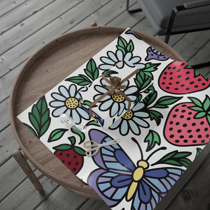 Folklore Fields Wrapping Paper – Strawberry & Daisy Gift Wrap for Birthdays, Holidays, and Celebrations