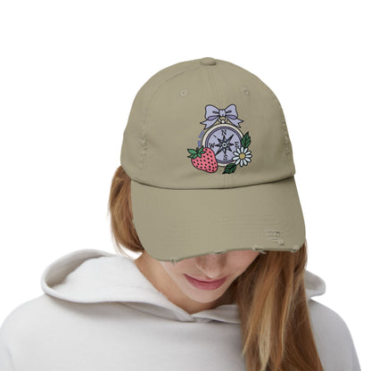 Folklore Fields Distressed Cap – Vintage Compass & Strawberry Design, Unisex Boho Dad Hat