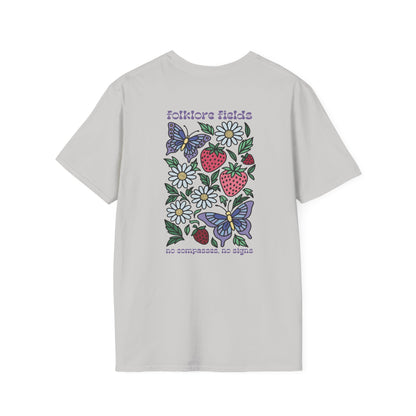 Folklore Fields T-Shirt – Soft Cotton Tee with Strawberry, Butterfly & Compass Design