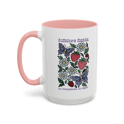Folklore Fields Mug – Botanical Strawberry & Compass Design, Color Accent Ceramic Drinkware