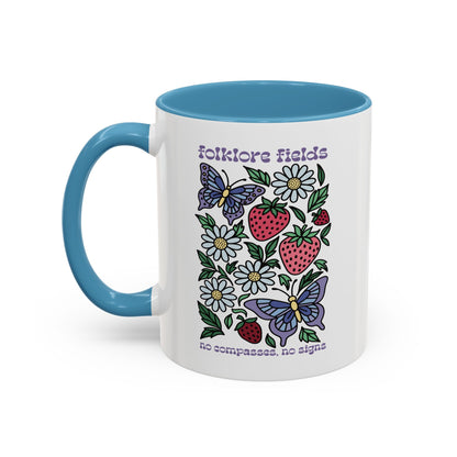 Folklore Fields Mug – Botanical Strawberry & Compass Design, Color Accent Ceramic Drinkware