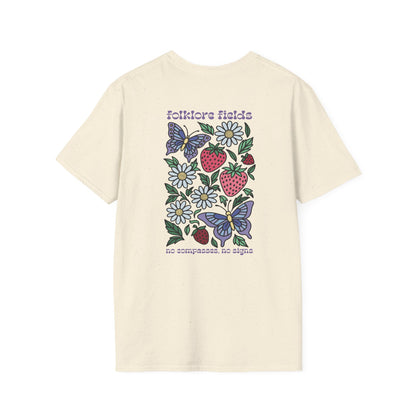 Folklore Fields T-Shirt – Soft Cotton Tee with Strawberry, Butterfly & Compass Design