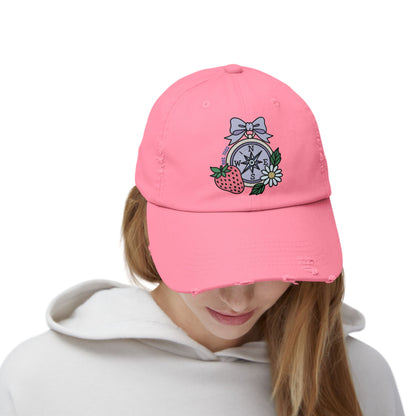 Folklore Fields Distressed Cap – Vintage Compass & Strawberry Design, Unisex Boho Dad Hat